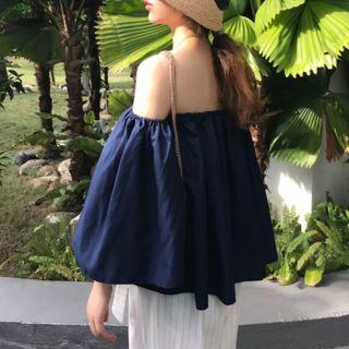 Off-shoulder Plain Top Navy Blue - One Size