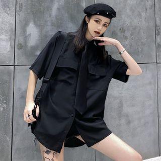 Set: Pocket Detail Elbow-sleeve Shirt + Tie Black - One Size