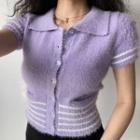 Short-sleeve Lapel Striped Panel Dual-pocket Knit Top Purple - One Size