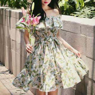 Off-shoulder Printed Ruffled A-line Dress