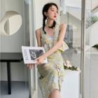 Floral Print Ruffled Sleeveless Top / Midi A-line Skirt