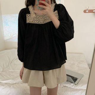 Lace Panel Balloon-sleeve Blouse