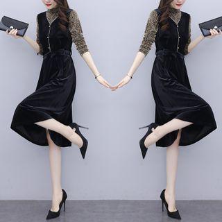 Puff-sleeve Leopard Print Panel Midi A-line Dress
