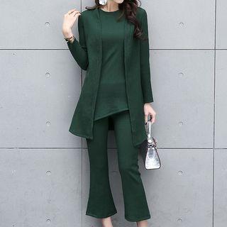 Set : Plain Sleeveless Knit Top + Pants + Cardigan