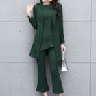 Set : Plain Sleeveless Knit Top + Pants + Cardigan