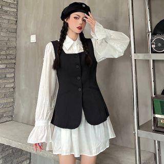 Set: Bell-sleeve Mini Shirtdress + Single-breasted Vest