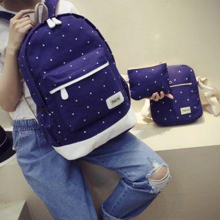 Set Of 3: Dotted Canvas Backpack + Crossbody Bag + Wristlet