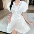Puff-sleeve Ruffle Trim A-line Dress White - One Size