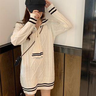 Tie-neck Sailor Collar Sweater Dress White - One Size