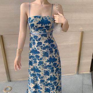 Spaghetti Strap Flower Print Midi Sheath Dress