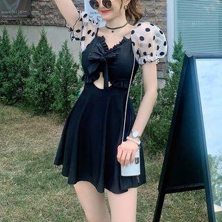 Puff-sleeve Dotted Panel Cut-out Swim Dress