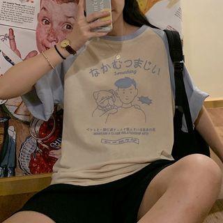 Elbow-sleeve Printed Cartoon T-shirt