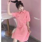 Ruffle Short-sleeve Polo Shirt Dress Pink - One Size