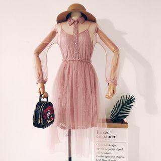 Set: Long-sleeve Collared Midi Mesh Dress + Spaghetti Strap Lace Dress
