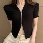 Short-sleeve Zip Ribbed Cardigan