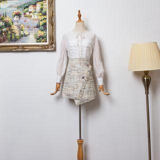 Set: Long-sleeve Top + Tweed Mini Skirt