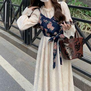 Long-sleeve Lace Maxi Dress / Floral Printed Camisole