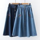Floral Embroidered Denim Midi A-line Skirt