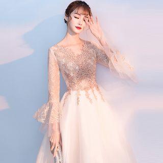 Flower Applique V-neck Bell-sleeve A-line Evening Gown