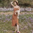 Set: Pointelle Knit Cardigan + Plaid Spaghetti Strap Midi Sheath Dress