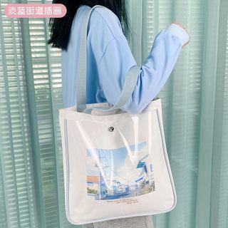 Graphic Print Pvc Panel Canvas Tote Bag Light Blue & White - One Size