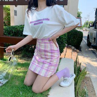 Elbow-sleeve Letter T-shirt / Plaid A-line Mini Skirt