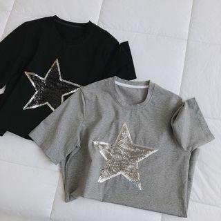 Sequined Star Applique Short-sleeve Top