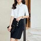 Short-sleeve Contrast Trim Shirt / Shirt / A-line Skirt / Set