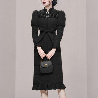 Long-sleeve Mock-neck Sequined Tie-waist Midi Sheath Dress