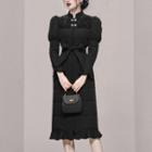 Long-sleeve Mock-neck Sequined Tie-waist Midi Sheath Dress