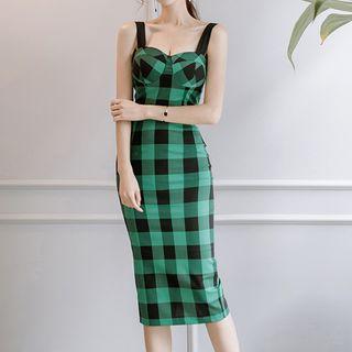 Check Strappy Sheath Midi Dress
