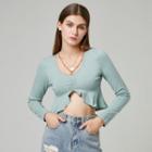 Eco-friendly Long-sleeve Asymmetrical Ruffle Trim Crop Top