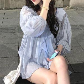 Set: V-neck Ruffle Trim Blouse + Camisole Top