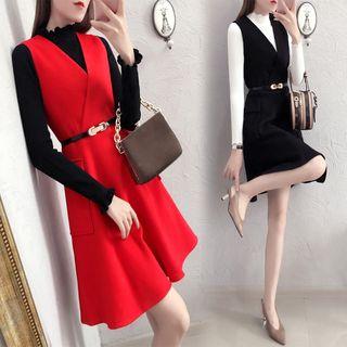Plain Sleeveless A-line Dress / Long-sleeve Knit Top / Set