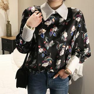 Contrast-collar Button-back Floral Shirt