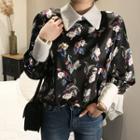 Contrast-collar Button-back Floral Shirt