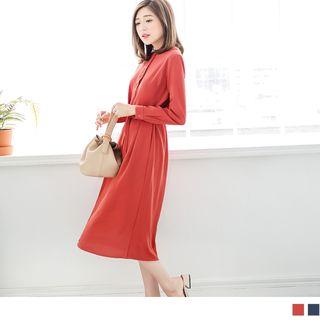 Button Front Tie-waist A-line Midi Dress