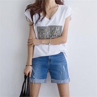 Cap-sleeve Lettering-patch Top