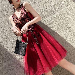 Sleeveless Sequined Paneled Mesh A-line Party Dress