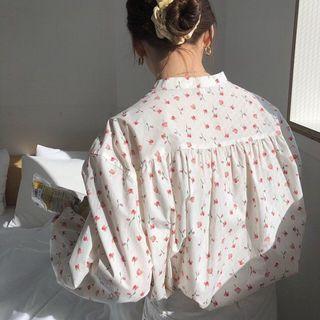 Stand-collar Floral Shirt White - One Size