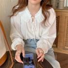 Long-sleeve Pleated Collared Tie Neck Blouse White - One Size