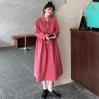 Long-sleeve Layered Collar Midi A-line Dress Rose Pink - One Size
