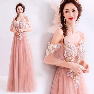 Embroidered Off Shoulder Sheath Evening Gown
