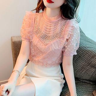 Short-sleeve Faux Pearl Lace Blouse