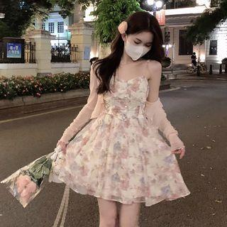 Strappy Floral Print Mini Dress + Light Cardigan