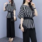 Elbow-sleeve Striped Blouse / Wide-leg Pants / Camisole Top / Set