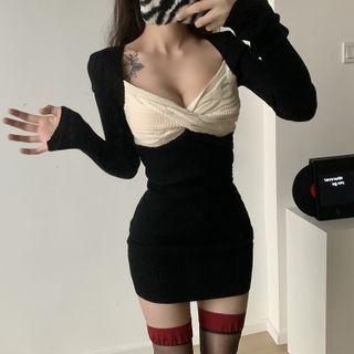 Long-sleeve Twist Mini Bodycon Dress Black - One Size