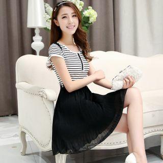 Short-sleeve Striped Color Block Chiffon A-line Dress