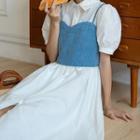 Set: Puff-sleeve Midi A-line Dress + Denim Camisole Top Set - Off-white - One Size