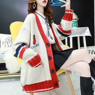 Contrast Trim Strawberry Embroidered Cardigan
